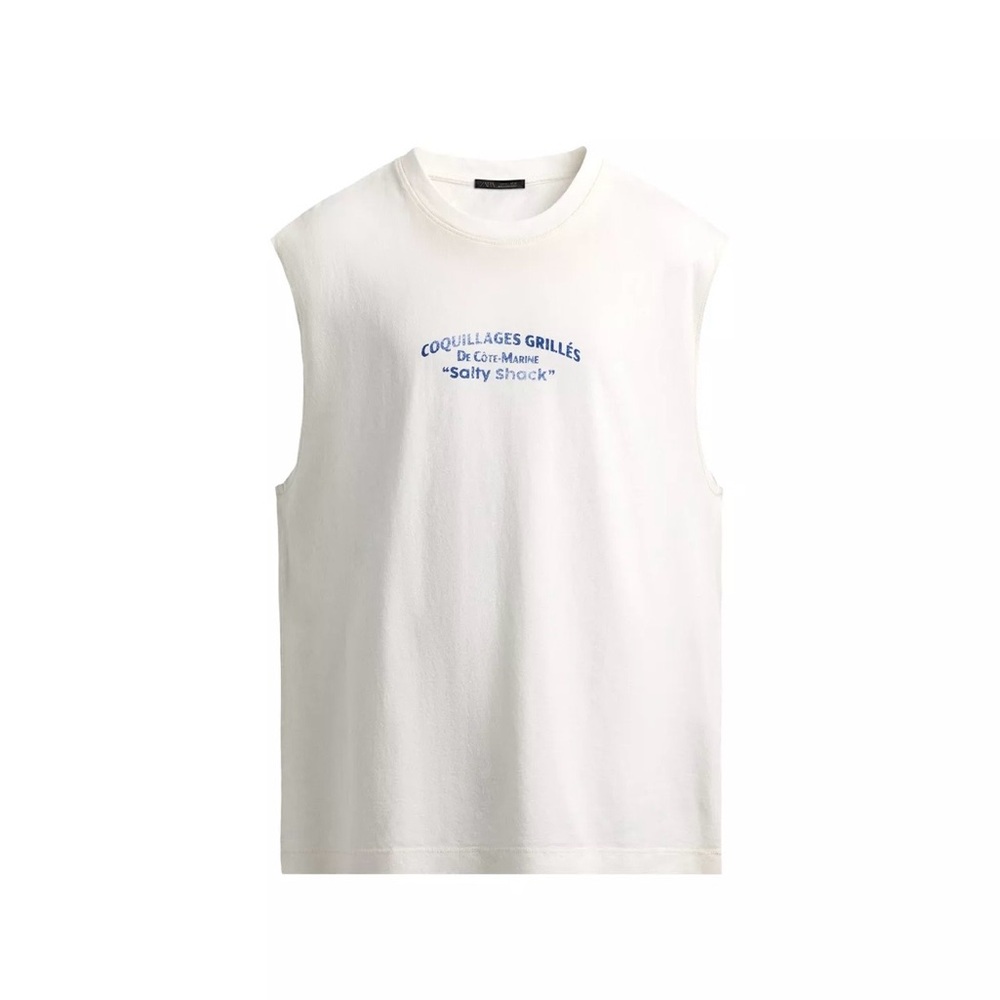 Zara White Sleeveless Graphic Tank Top with Blue Text